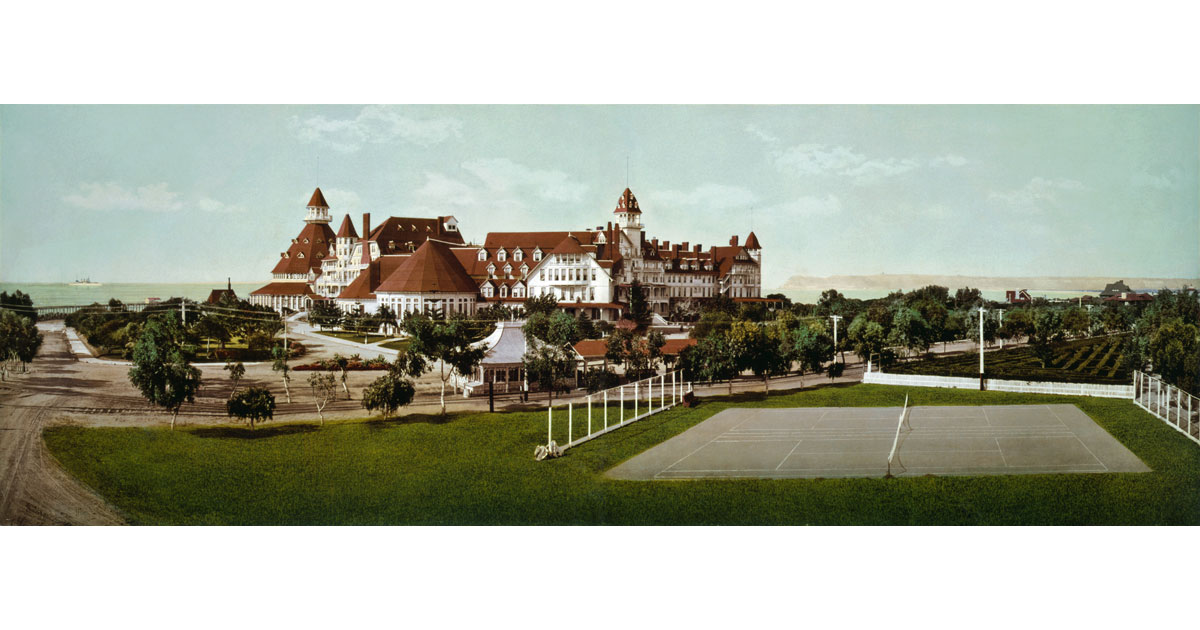 Restored photochrom print of Hotel del Coronado in Coronado, California by William Henry Jackson for the Detroit Publishing-Company,-c.-1900