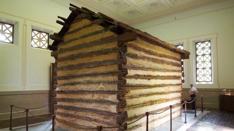 The symbolic cabin, once thought to be the birth cabin of Abraham Lincoln.